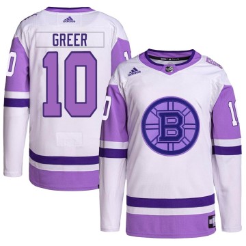 Authentic Adidas Men's A.J. Greer Boston Bruins Hockey Fights Cancer Primegreen Jersey - White/Purple