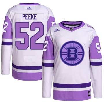 Authentic Adidas Men's Andrew Peeke Boston Bruins Hockey Fights Cancer Primegreen Jersey - White/Purple
