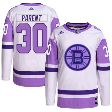 Authentic Adidas Men's Bernie Parent Boston Bruins Hockey Fights Cancer Primegreen Jersey - White/Purple