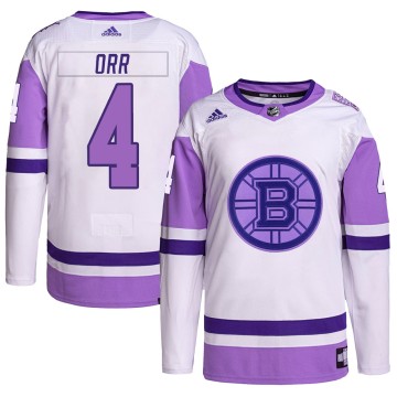 Authentic Adidas Men's Bobby Orr Boston Bruins Hockey Fights Cancer Primegreen Jersey - White/Purple