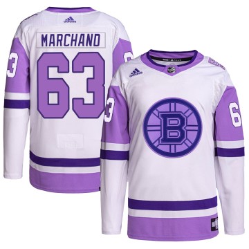 Authentic Adidas Men's Brad Marchand Boston Bruins Hockey Fights Cancer Primegreen Jersey - White/Purple
