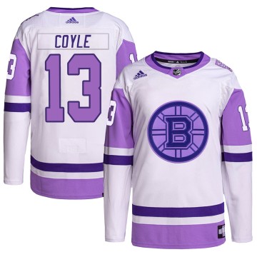 Authentic Adidas Men's Charlie Coyle Boston Bruins Hockey Fights Cancer Primegreen Jersey - White/Purple