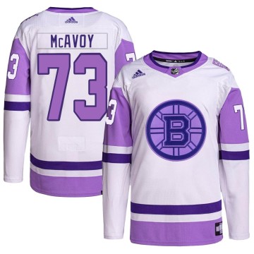 Authentic Adidas Men's Charlie McAvoy Boston Bruins Hockey Fights Cancer Primegreen Jersey - White/Purple