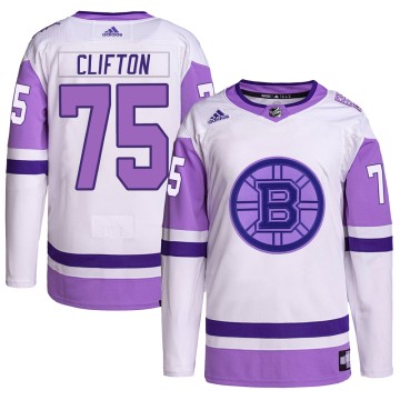 Authentic Adidas Men's Connor Clifton Boston Bruins Hockey Fights Cancer Primegreen Jersey - White/Purple