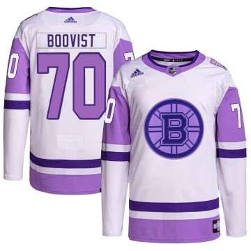 Authentic Adidas Men's Jesper Boqvist Boston Bruins Hockey Fights Cancer Primegreen Jersey - White/Purple