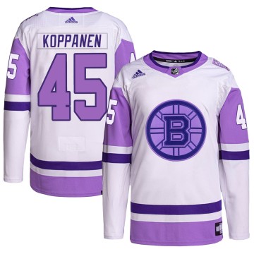 Authentic Adidas Men's Joona Koppanen Boston Bruins Hockey Fights Cancer Primegreen Jersey - White/Purple