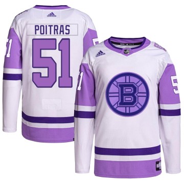 Authentic Adidas Men's Matthew Poitras Boston Bruins Hockey Fights Cancer Primegreen Jersey - White/Purple