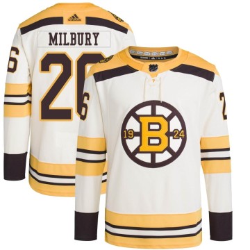 Authentic Adidas Men's Mike Milbury Boston Bruins 100th Anniversary Primegreen Jersey - Cream