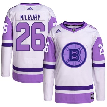 Authentic Adidas Men's Mike Milbury Boston Bruins Hockey Fights Cancer Primegreen Jersey - White/Purple