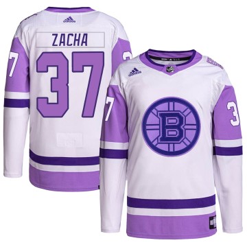 Authentic Adidas Men's Pavel Zacha Boston Bruins Hockey Fights Cancer Primegreen Jersey - White/Purple