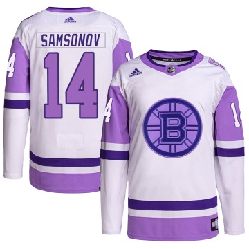 Authentic Adidas Men's Sergei Samsonov Boston Bruins Hockey Fights Cancer Primegreen Jersey - White/Purple