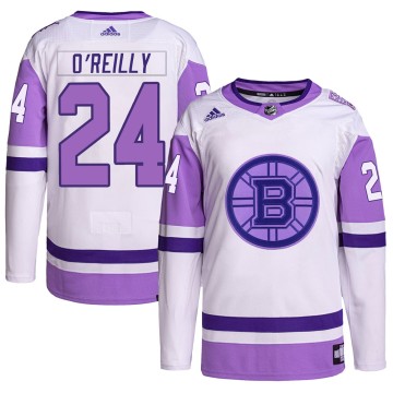 Authentic Adidas Men's Terry O'Reilly Boston Bruins Hockey Fights Cancer Primegreen Jersey - White/Purple