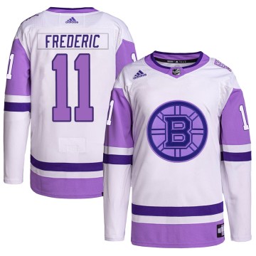 Authentic Adidas Men's Trent Frederic Boston Bruins Hockey Fights Cancer Primegreen Jersey - White/Purple