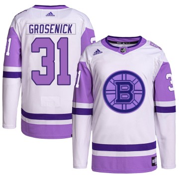 Authentic Adidas Men's Troy Grosenick Boston Bruins Hockey Fights Cancer Primegreen Jersey - White/Purple