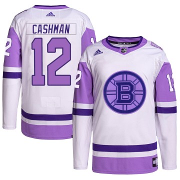 Authentic Adidas Men's Wayne Cashman Boston Bruins Hockey Fights Cancer Primegreen Jersey - White/Purple