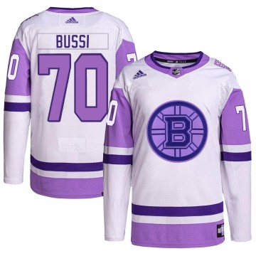 Authentic Adidas Youth Brandon Bussi Boston Bruins Hockey Fights Cancer Primegreen Jersey - White/Purple