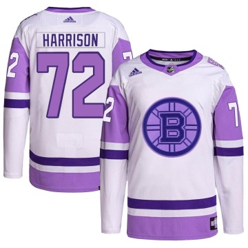 Authentic Adidas Youth Brett Harrison Boston Bruins Hockey Fights Cancer Primegreen Jersey - White/Purple
