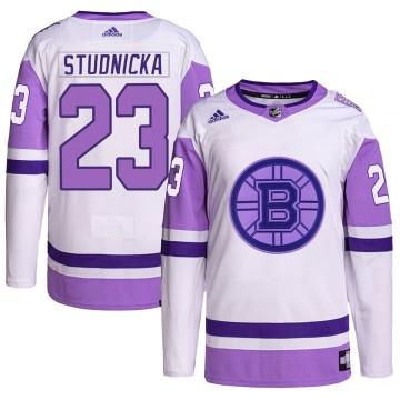 Authentic Adidas Youth Jack Studnicka Boston Bruins Hockey Fights Cancer Primegreen Jersey - White/Purple