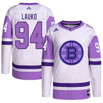 Authentic Adidas Youth Jakub Lauko Boston Bruins Hockey Fights Cancer Primegreen Jersey - White/Purple