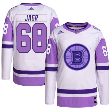 Authentic Adidas Youth Jaromir Jagr Boston Bruins Hockey Fights Cancer Primegreen Jersey - White/Purple