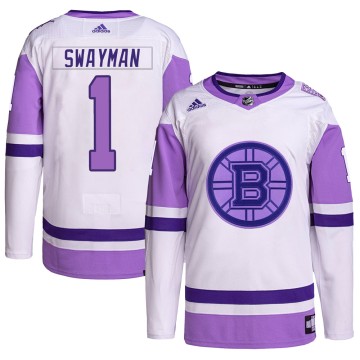 Authentic Adidas Youth Jeremy Swayman Boston Bruins Hockey Fights Cancer Primegreen Jersey - White/Purple