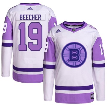 Authentic Adidas Youth Johnny Beecher Boston Bruins Hockey Fights Cancer Primegreen Jersey - White/Purple