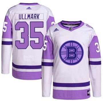 Authentic Adidas Youth Linus Ullmark Boston Bruins Hockey Fights Cancer Primegreen Jersey - White/Purple