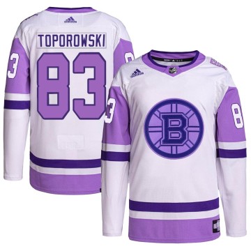 Authentic Adidas Youth Luke Toporowski Boston Bruins Hockey Fights Cancer Primegreen Jersey - White/Purple