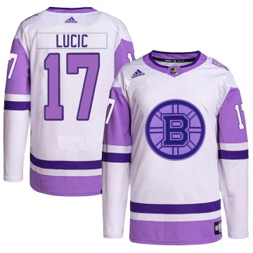 Authentic Adidas Youth Milan Lucic Boston Bruins Hockey Fights Cancer Primegreen Jersey - White/Purple